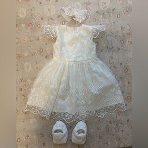 9-12 month lace gown, bow, and shoes